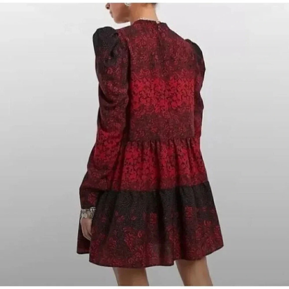 Topshop Size 2 Tiered Hem Long Puff Sleeve Shift Mini Dress Floral Red Black NEW - Picture 5 of 11